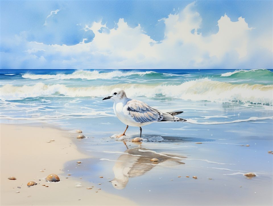 Public-domain painting of a sanderling standing at the shore